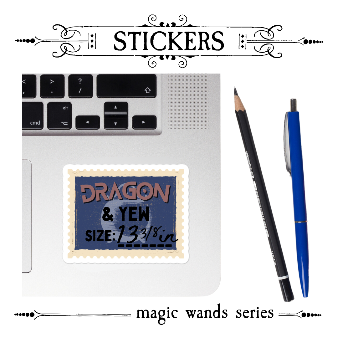 Close-up of Dragon & Yew vinyl sticker with shadowy designs and dark runes
