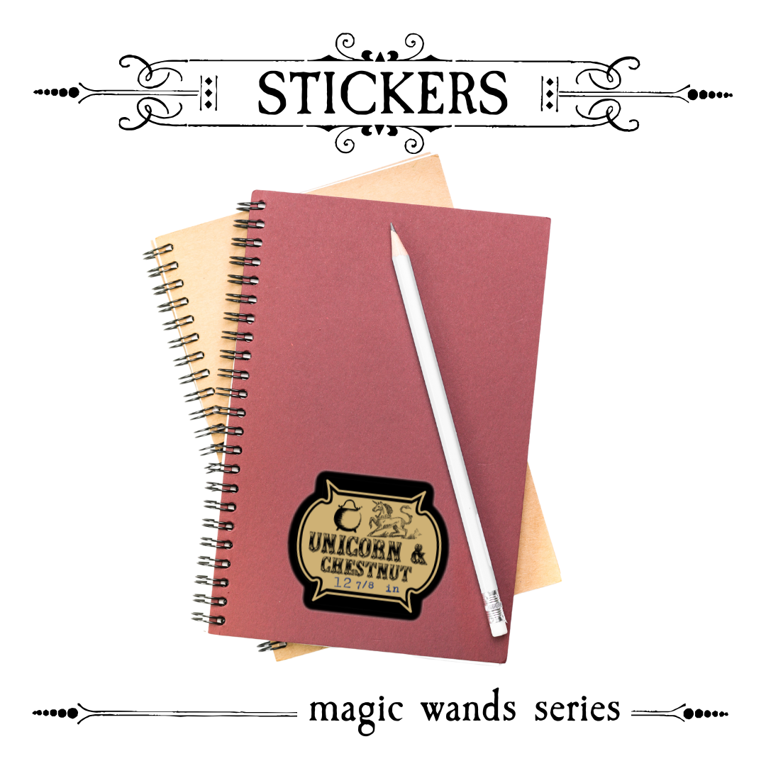 Close-up of Unicorn & Chestnut vinyl sticker featuring unicorn horn and chestnut tree