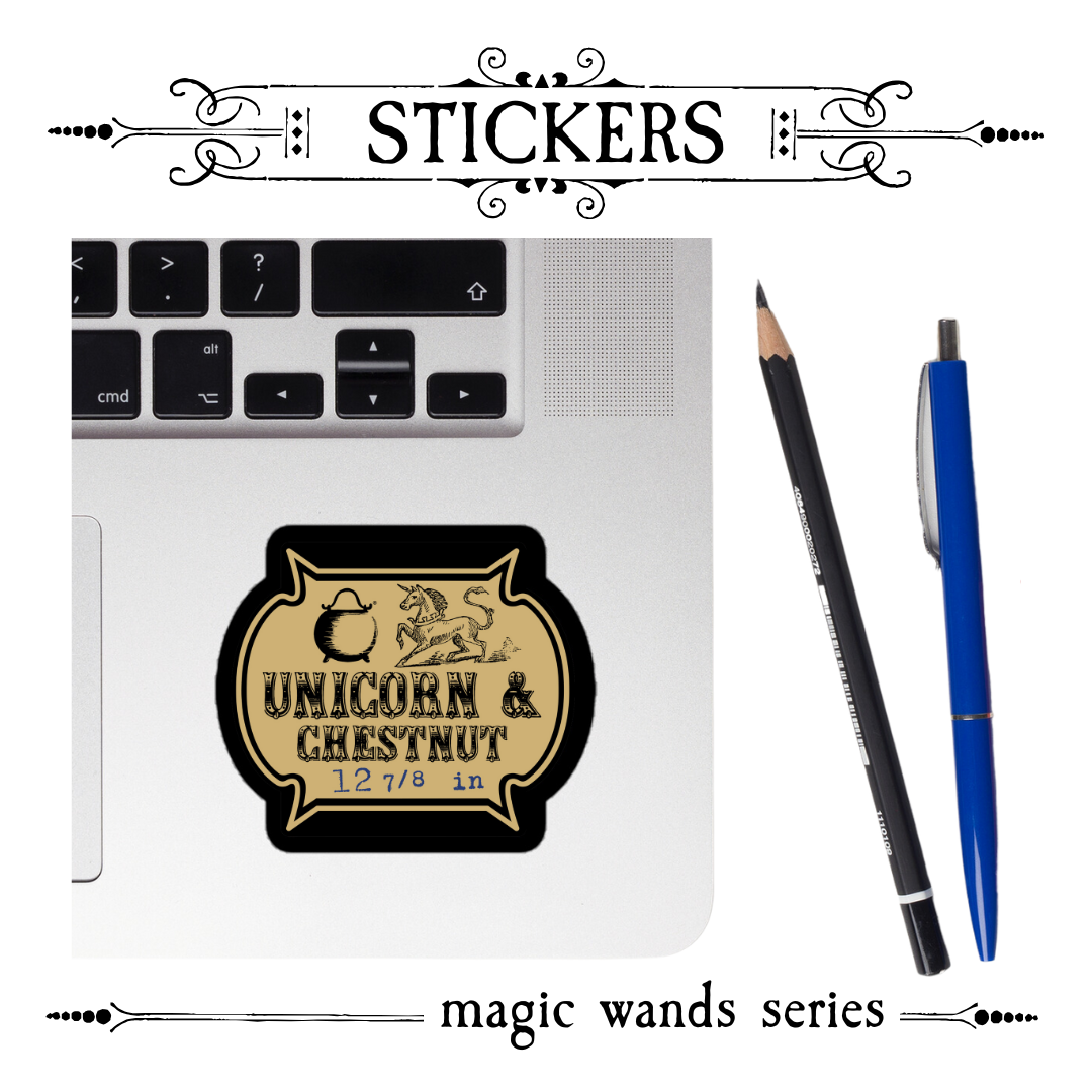 Close-up of Unicorn & Chestnut vinyl sticker featuring unicorn horn and chestnut tree