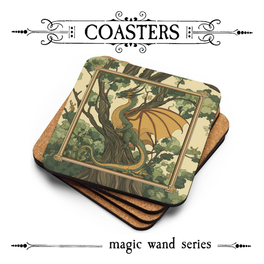 Strong and wise Dragon & Oak wand cork coaster front view