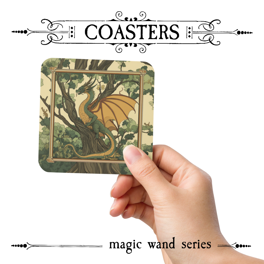 Strong and wise Dragon & Oak wand cork coaster front view
