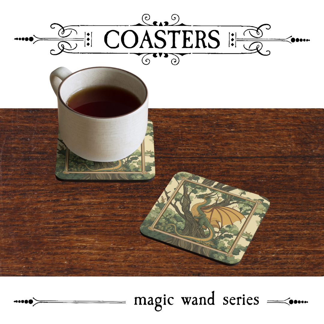 Strong and wise Dragon & Oak wand cork coaster front view