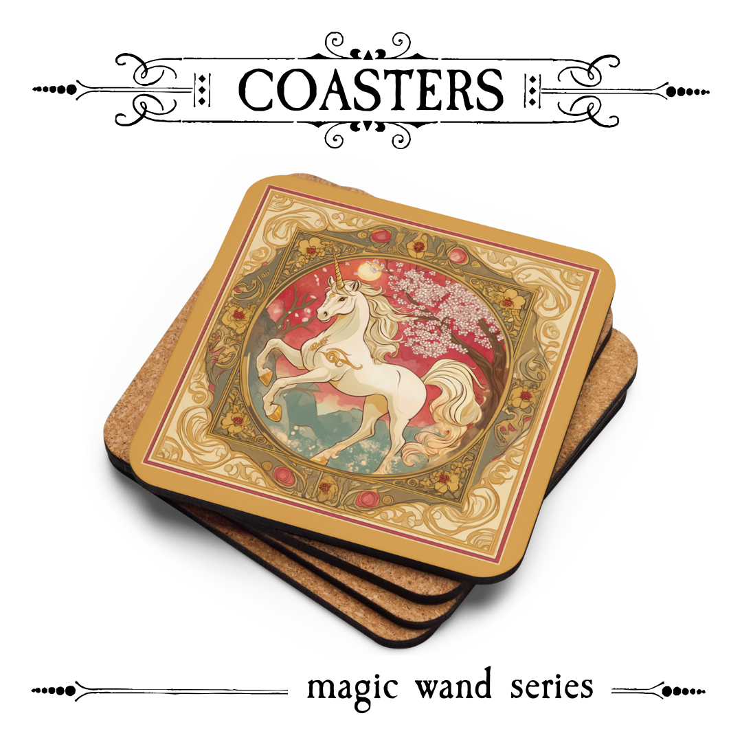 Unicorn & Cherry wand design on a cork-back coaster