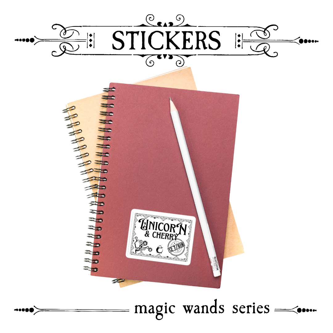 Close-up of Unicorn & Cherry vinyl sticker featuring cherry blossoms and unicorn horn