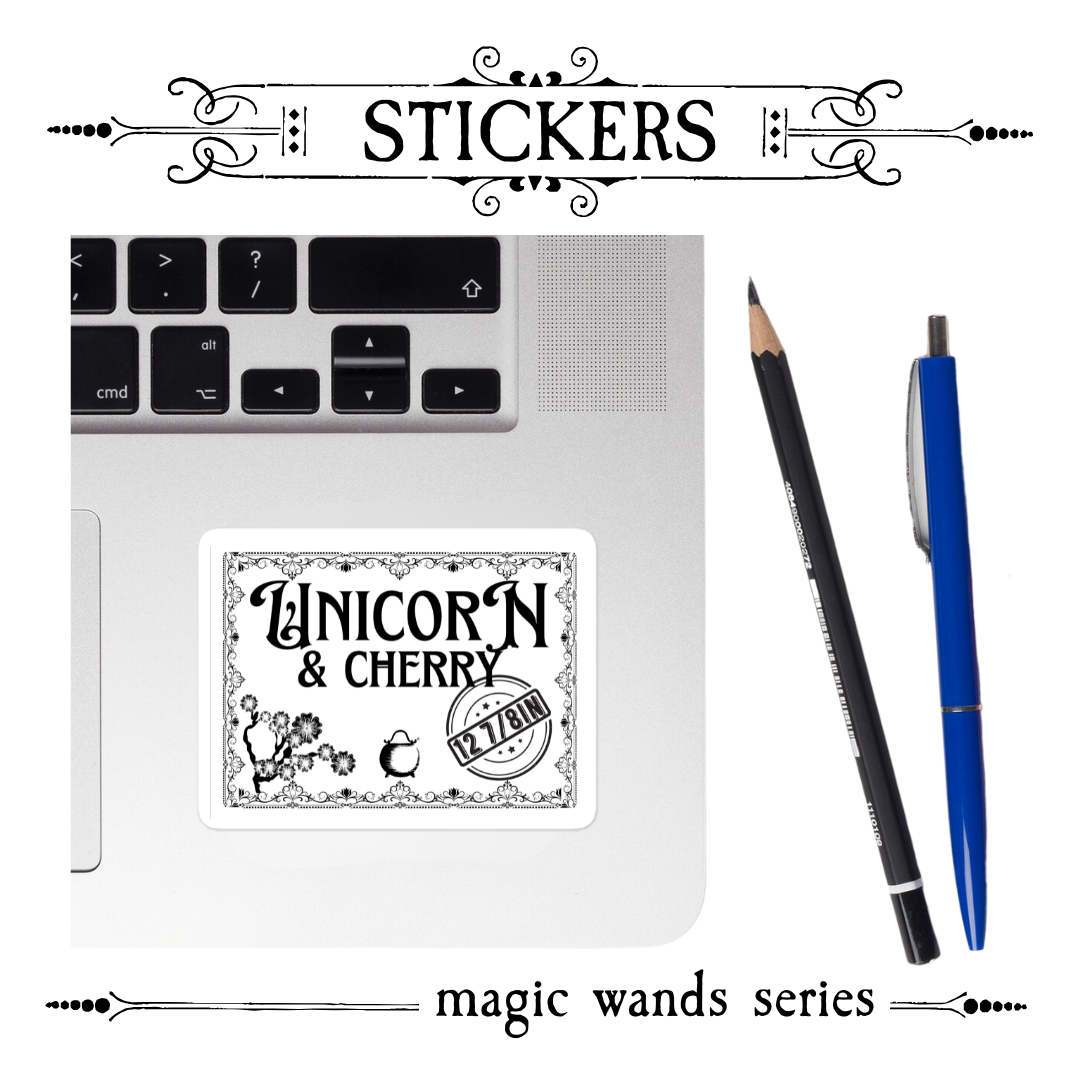 Close-up of Unicorn & Cherry vinyl sticker featuring cherry blossoms and unicorn horn