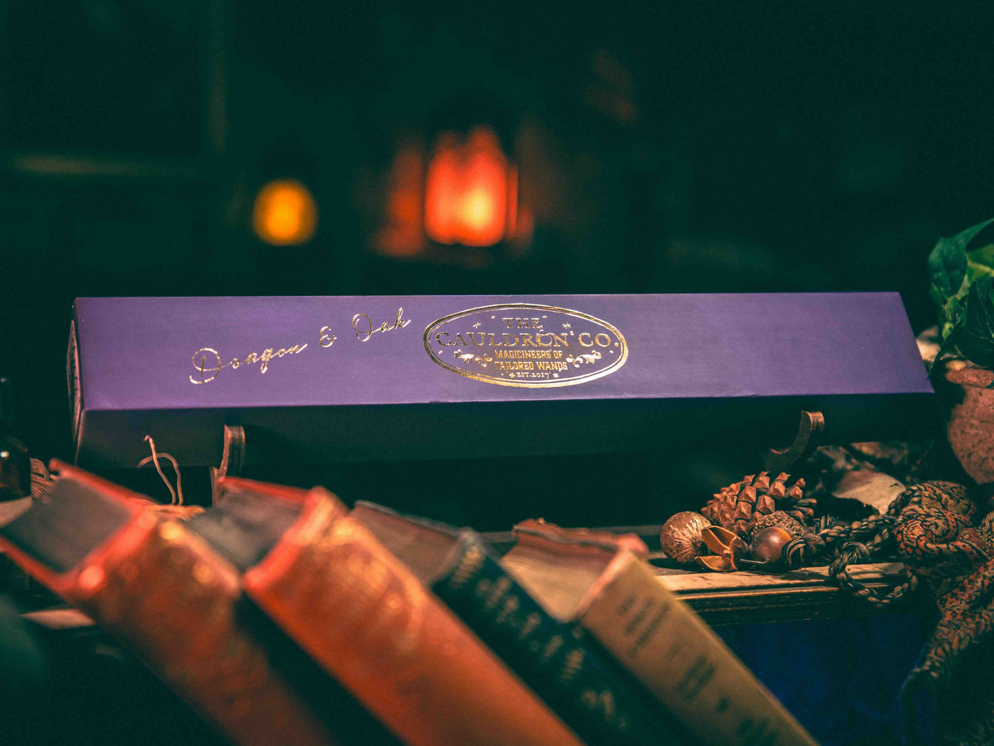 Dragon & Oak Magic Wand box featuring The Cauldron logo, designed to store and protect magical tools.