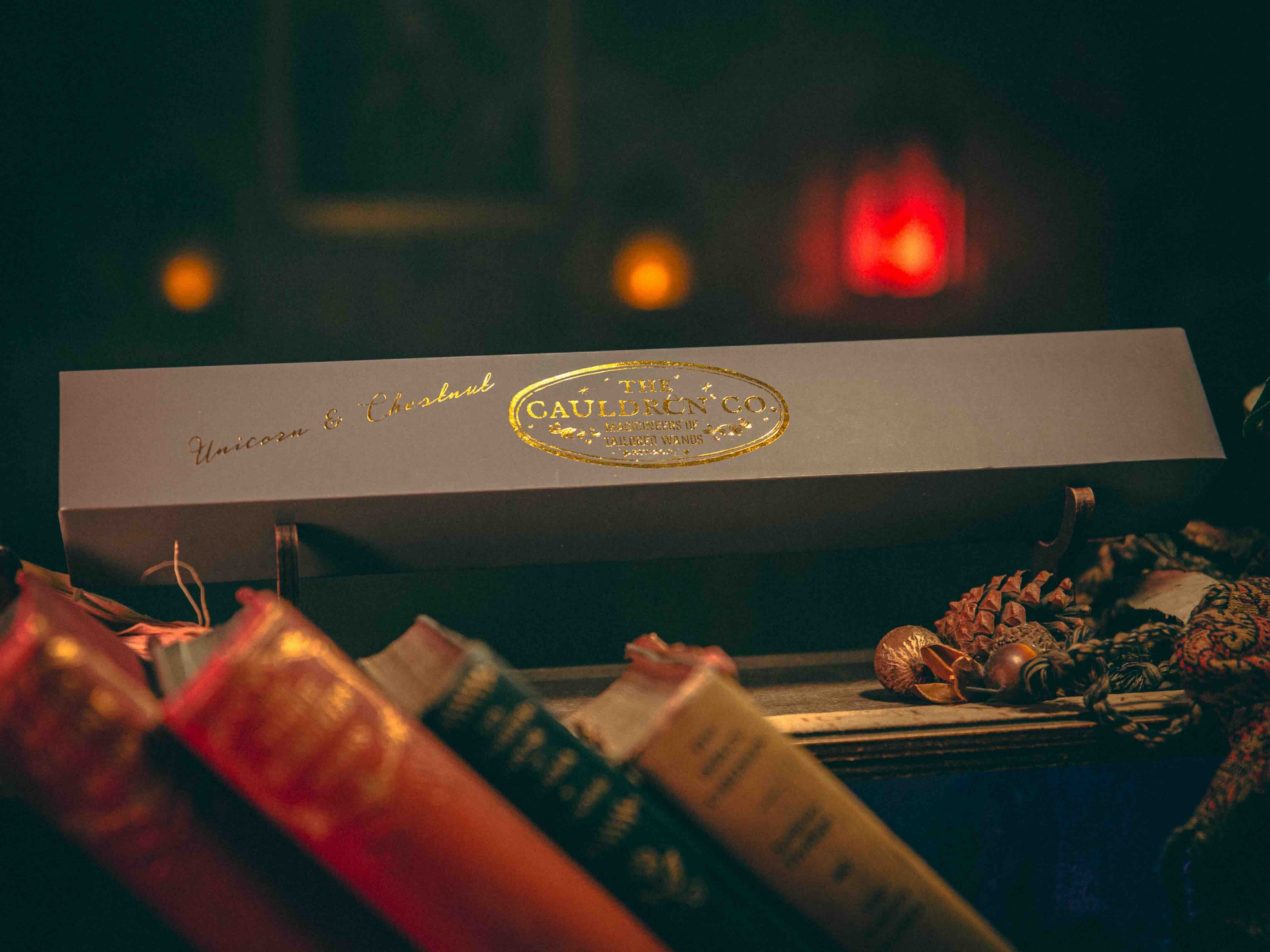 Unicorn & Chestnut Magic Wand box featuring The Cauldron logo, designed to protect your magical tools.