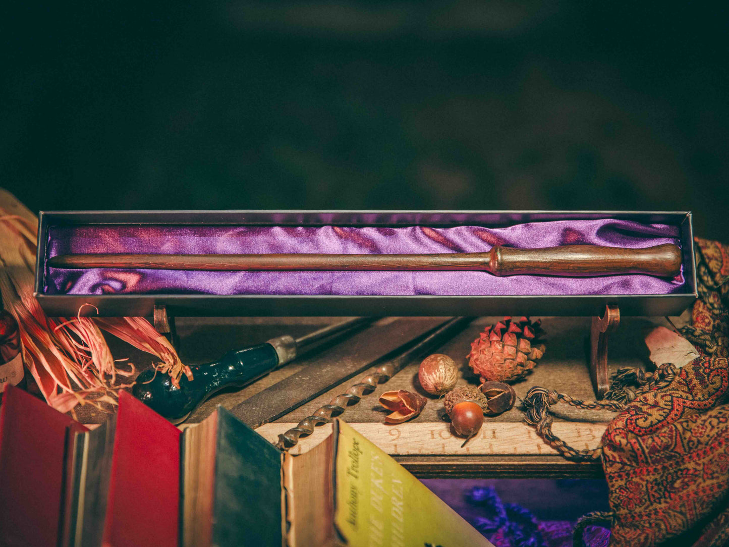 Dragon & Oak Magic Wand resting in its open box with velvet lining, perfect for wizards casting grounding spells.